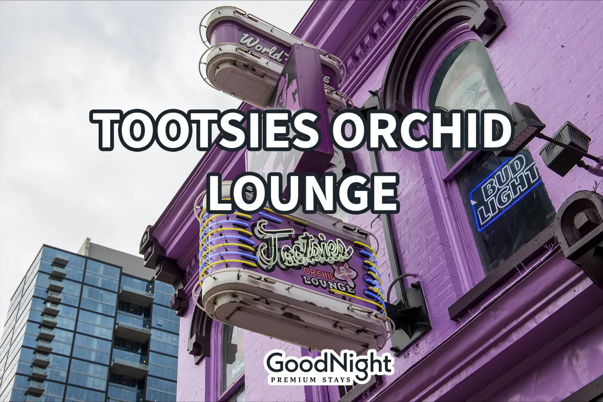 A vibrant exterior shot of Tootsies Orchid Lounge, recognizable by its purple facade and prominent signage, with a sense of the bustling street and nearby modern buildings. The lively crowd and energetic lights capture the essence of Nashville's legendary live music scene.