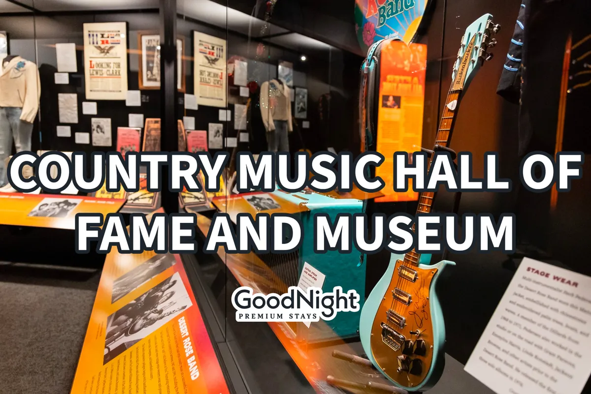 Inside the Country Music Hall of Fame, this image features iconic guitars, stage wear, and engaging display cases that immerse visitors in Nashville’s legendary music history. There are clear opportunities for interaction and photography, appealing to families and music lovers alike.