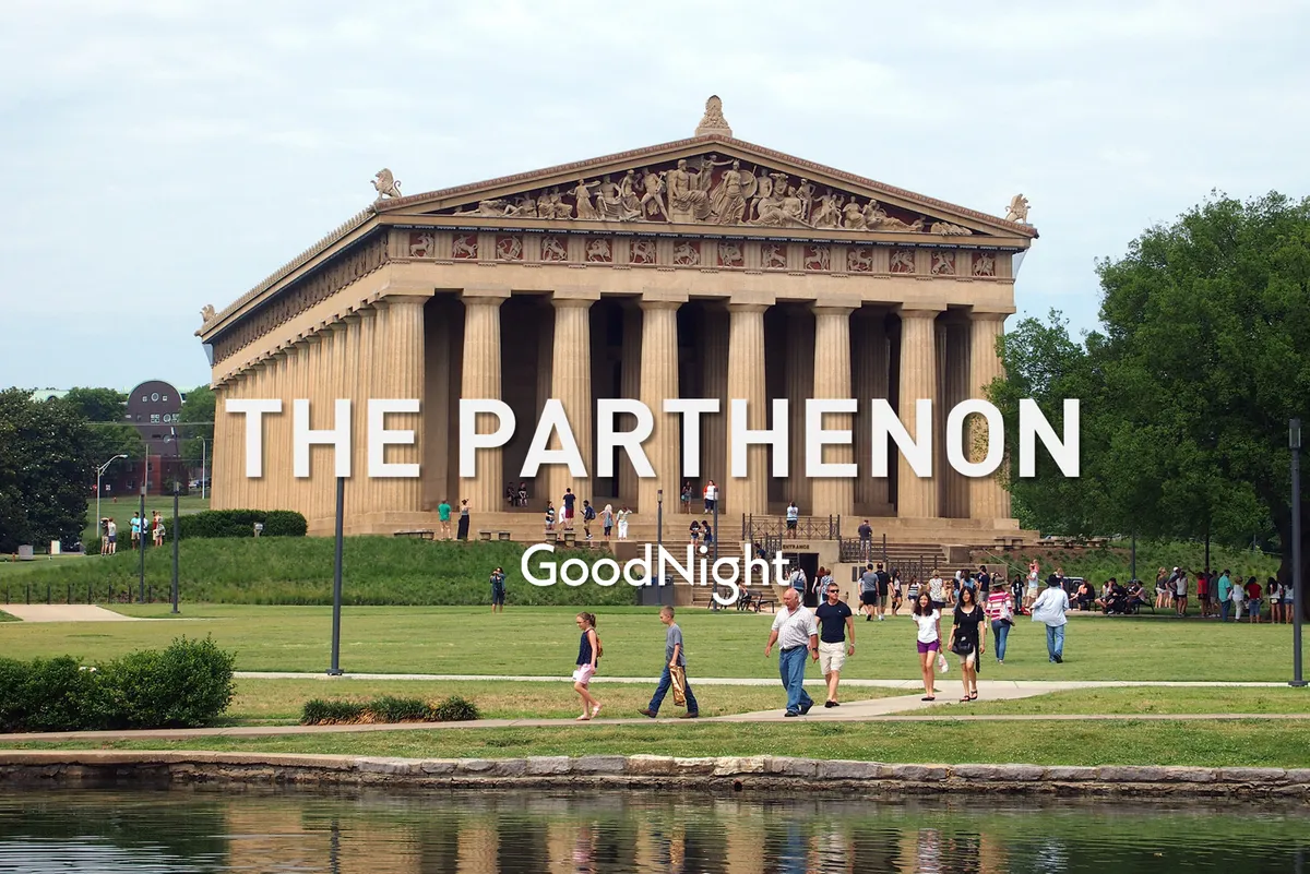 This image showcases the iconic Parthenon replica in Centennial Park, set against a bright sky with visitors strolling and relaxing on the expansive green lawn. The combination of historical architecture, open space, and families enjoying the park directly ties into the section’s mention of Centennial Park as a family-friendly attraction.